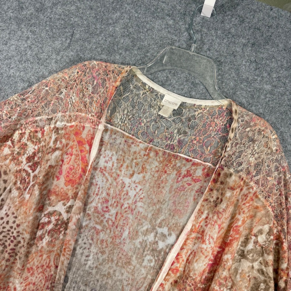 Chico's Kimono Wrap Womens 2 L Pink Orange Paisley Lace Yoke Open Front Cardigan